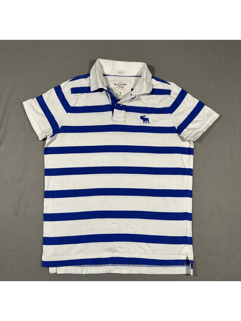 Abercrombie & Fitch Men Polo Shirt XL White Blue Striped